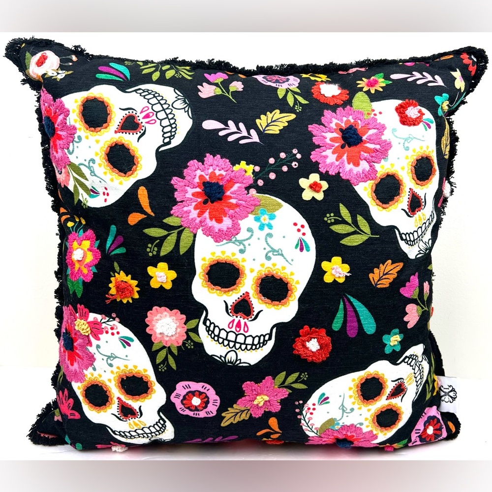 CXL by Christian Lacroix Sugar Skull Floral Embroidered Pillow